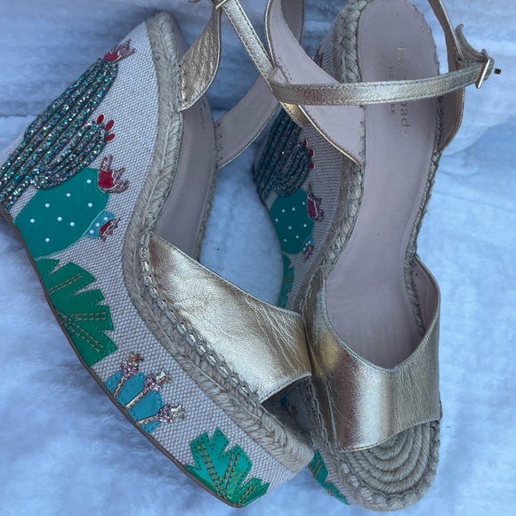kate spade Shoes - Kate Spade Gold and Green Espadrille Wedges